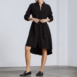 Everlane The City Stripe Draped Long Sleeve High Low Midi Shirt Dress Black XXS